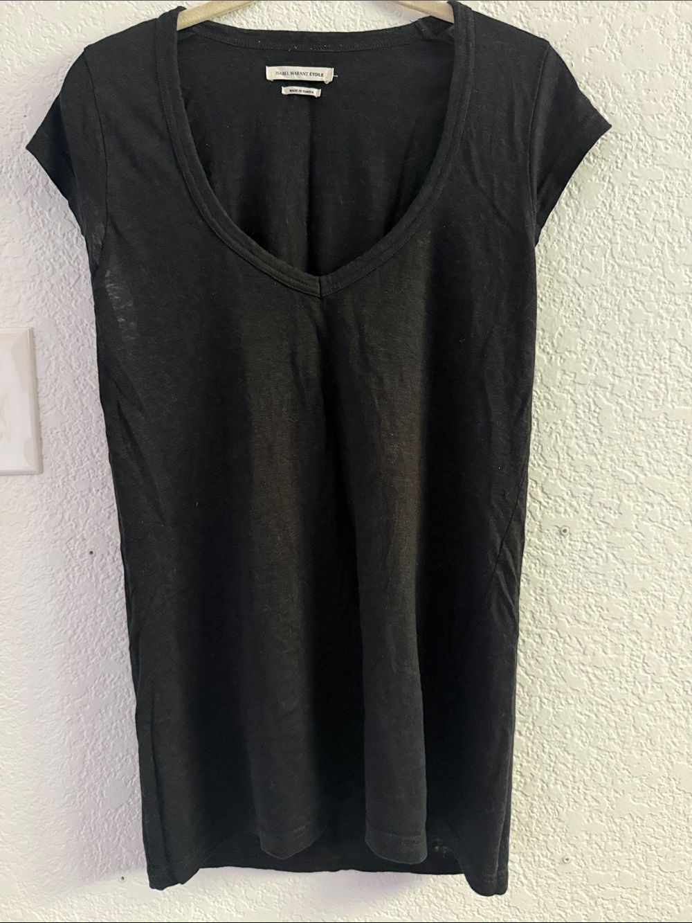 Isabel Marant Etoile Linen Black V-Neck Cap-Sleeve Tunic Top